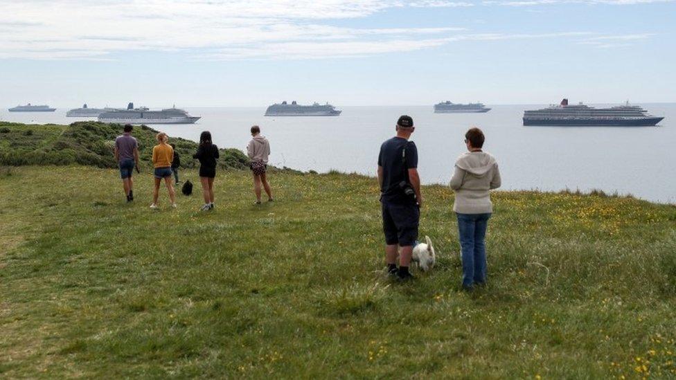 Cruise ships moored up in Weymouth Bay whilst cruises are suspended due to coronavirus