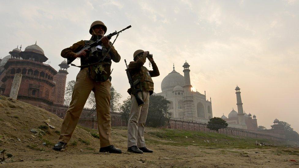 'Rapid Response' personnel stand guard at the back of the Taj Mahal, January 2015