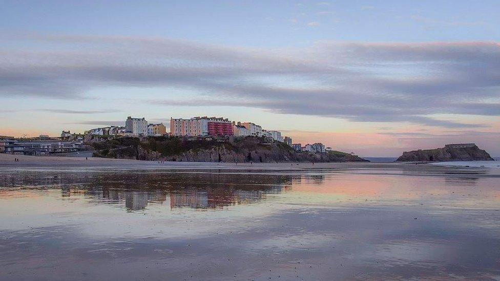 Reflections on Tenby's South Beach, Pembrokeshire