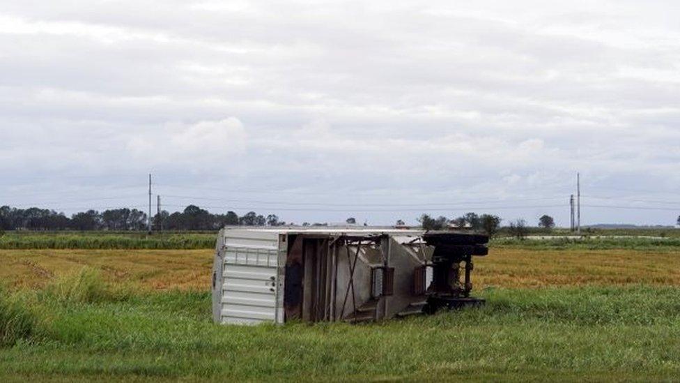 An overturned semi-trailer in Welsh, Louisiana