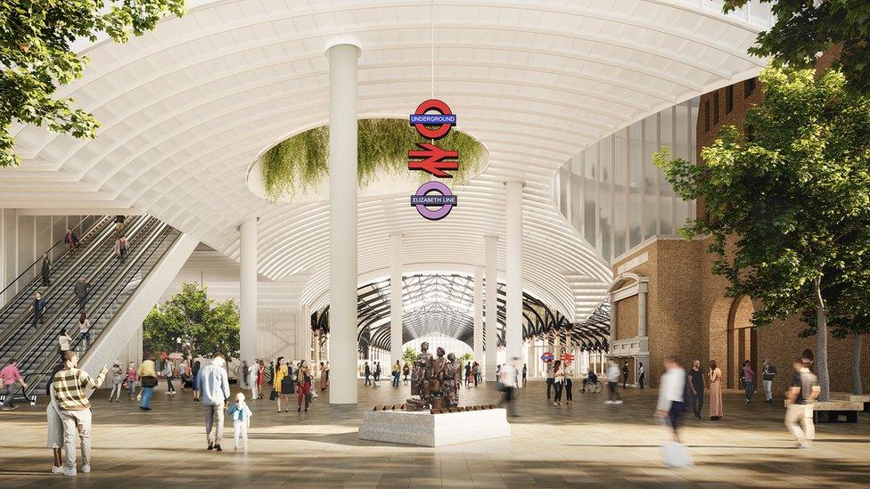 Artist's impression of the new open-plan entrance to the site featuring an atrium containing a statue commemorating the Kindertransport refugees