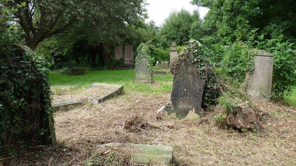 Old headstones covered in vines