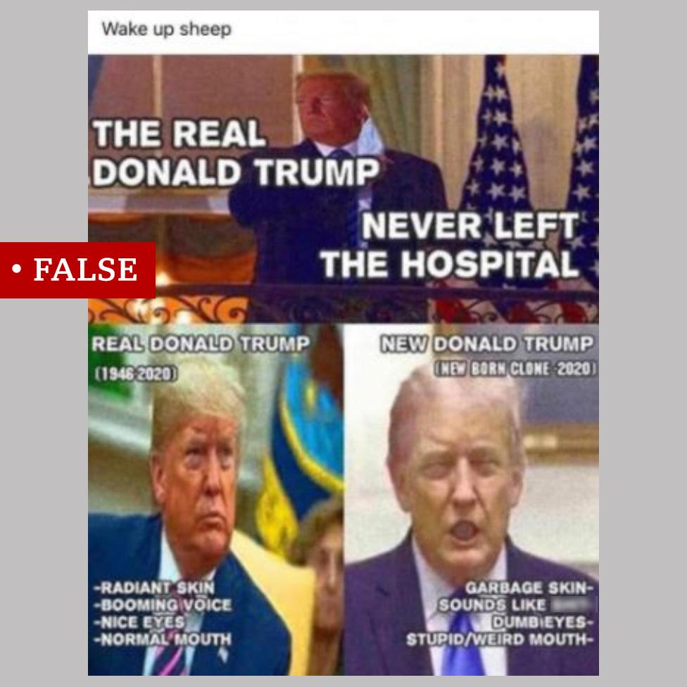 A collage of images of Donald Trump labelled "False". It says "The real Donald Trump never left the hospital".