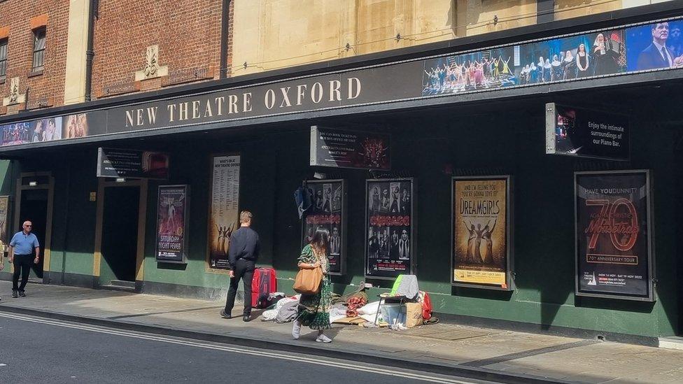 Homeless people outside the New Theatre in Oxford