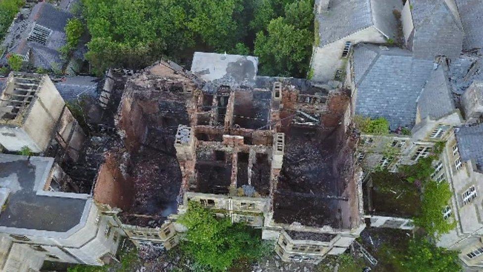 Aerial images of fire-ravaged North Wales Hospital