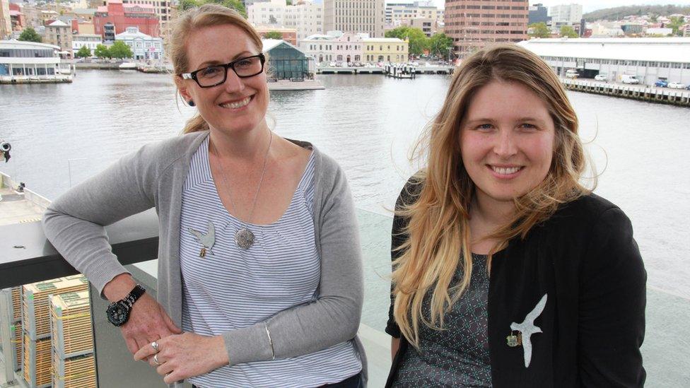 Annalise Rees (left) and Jaimie Cleeland wear their brooches