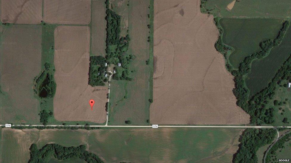 An aerial view of the farm with a marker showing the point MaxMind currently uses as it's default location for the US