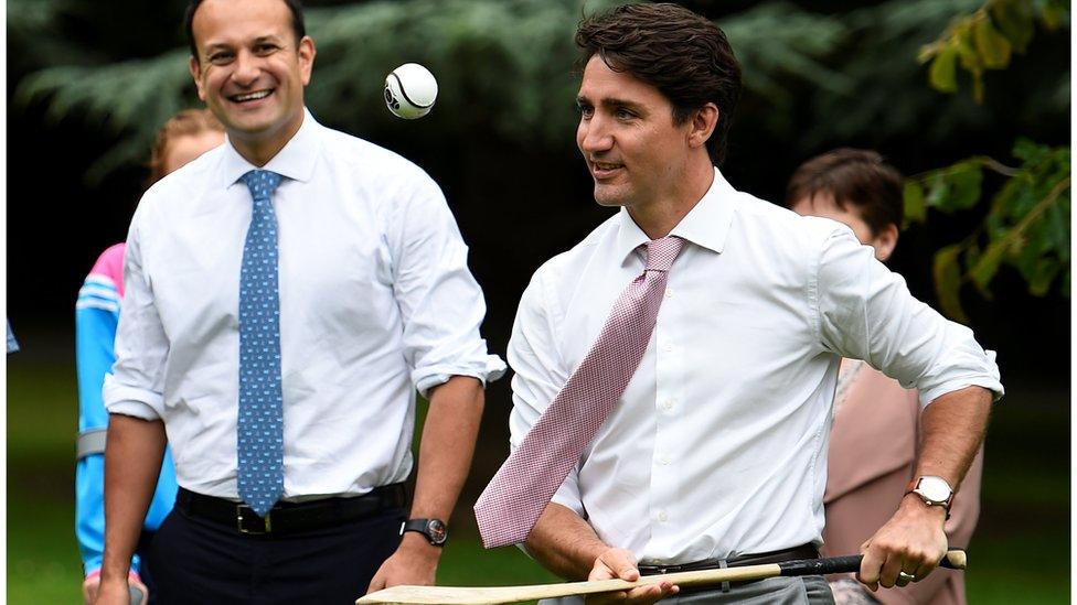 Leo Varadkar and Justin Trudeau play hurling