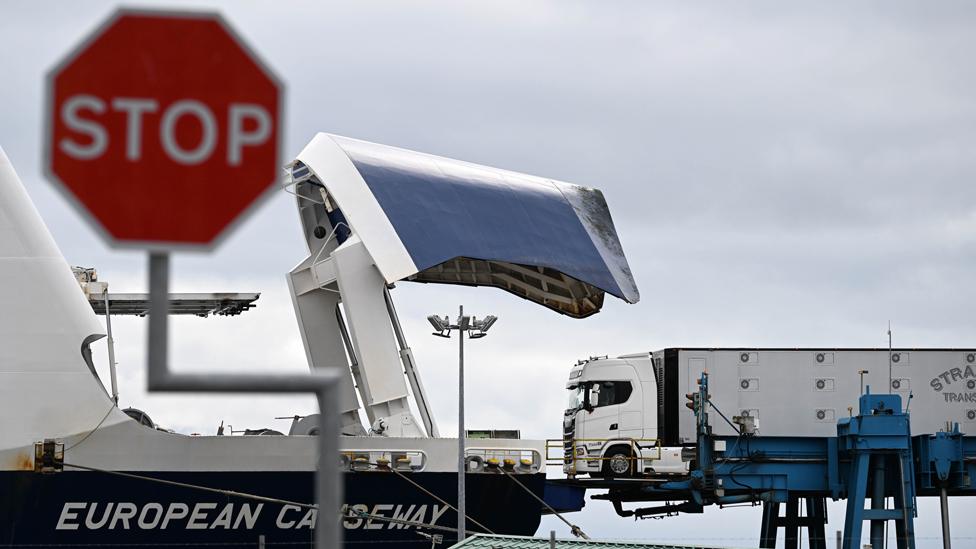 Lorry boarding a ferry at the port at Larne