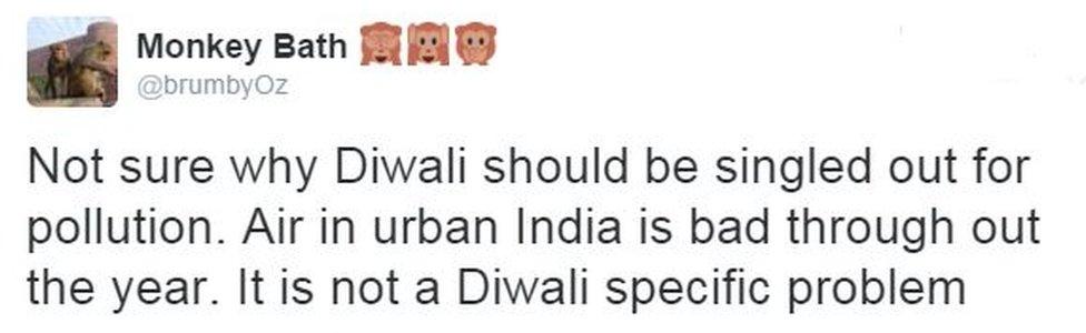 Tweet from user brumbyoz reads: "Not sure why Diwali should be singled out for pollution. Air in urban India is bad through out the year. It is not a Diwali specific problem".