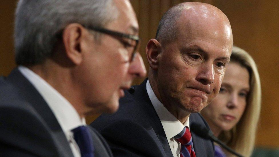 Interim CEO of Equifax Paulino Barros, former CEO of Equifax Richard Smith, and former CEO of Yahoo Marissa Mayer testify during a hearing before Senate Commerce, Science and Transportation Committee November 8, 2017 on Capitol Hill in Washington, DC