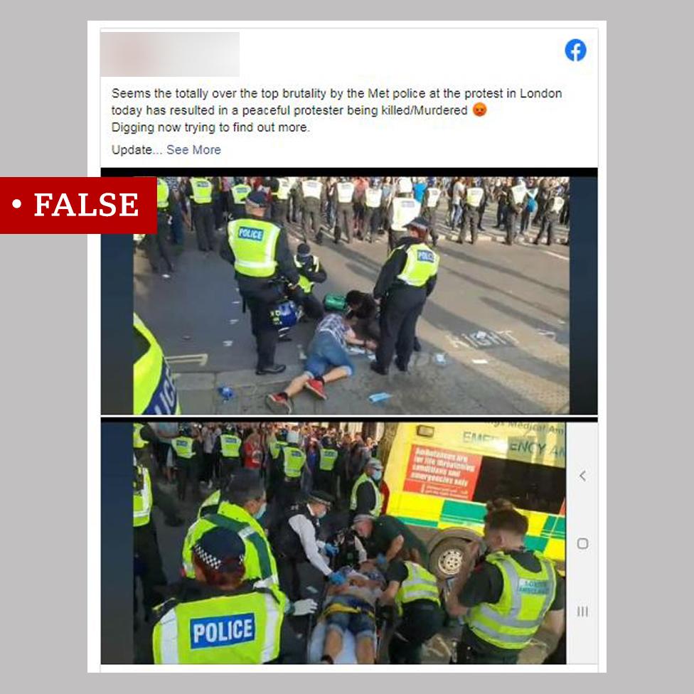 A Facebook post labelled "False". Includes a claim that a protester was killed by the Met police accompanied by two images of a man lying on the ground and a stretcher surrounded by police and ambulance crew.