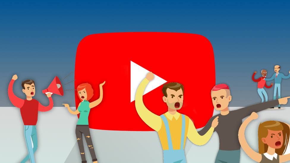 Illustration of people arguing in front of the YouTube logo