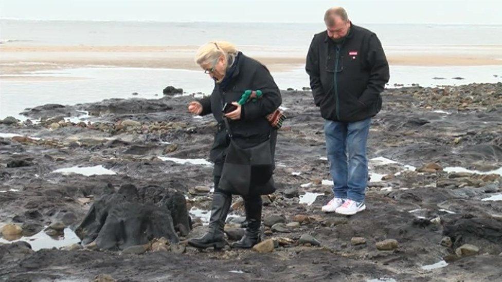 People inspect newly uncovered ancient forest remains on Redcar beach