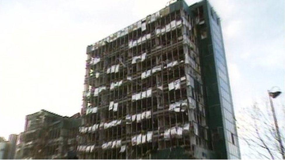 Bomb damage to a building at Canary Wharf in London