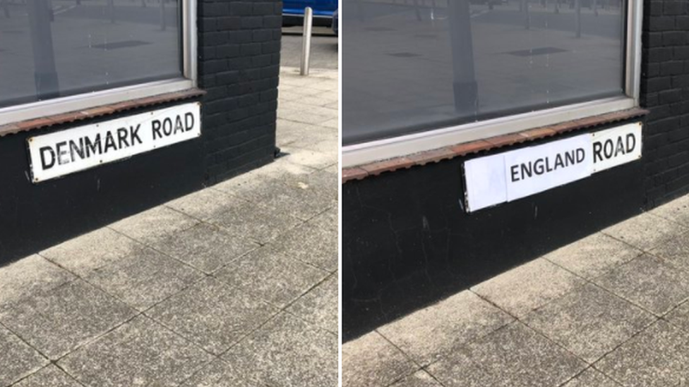 Denmark Road and England Road signs