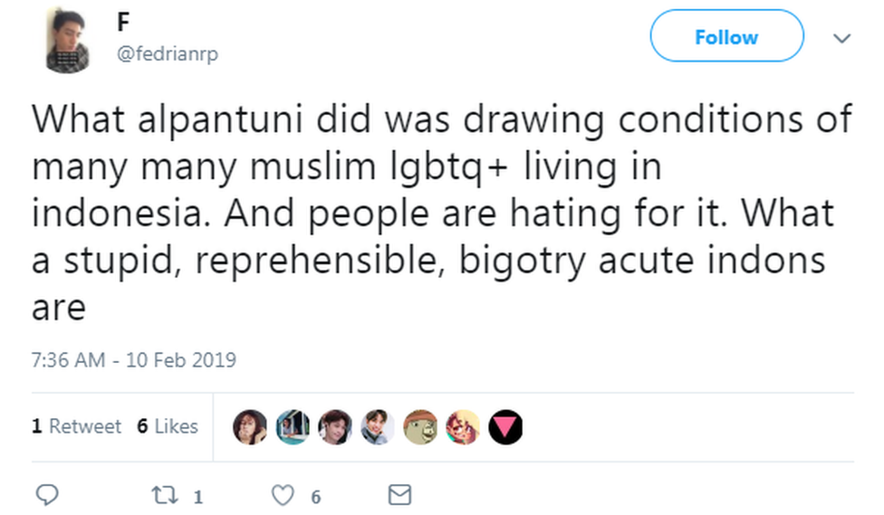 A tweet reads: "What alpantuni did was drawing conditions of many many muslim lgbtq+ living in indonesia. And people are hating for it. What a stupid, reprehensible, bigotry acute indons are"