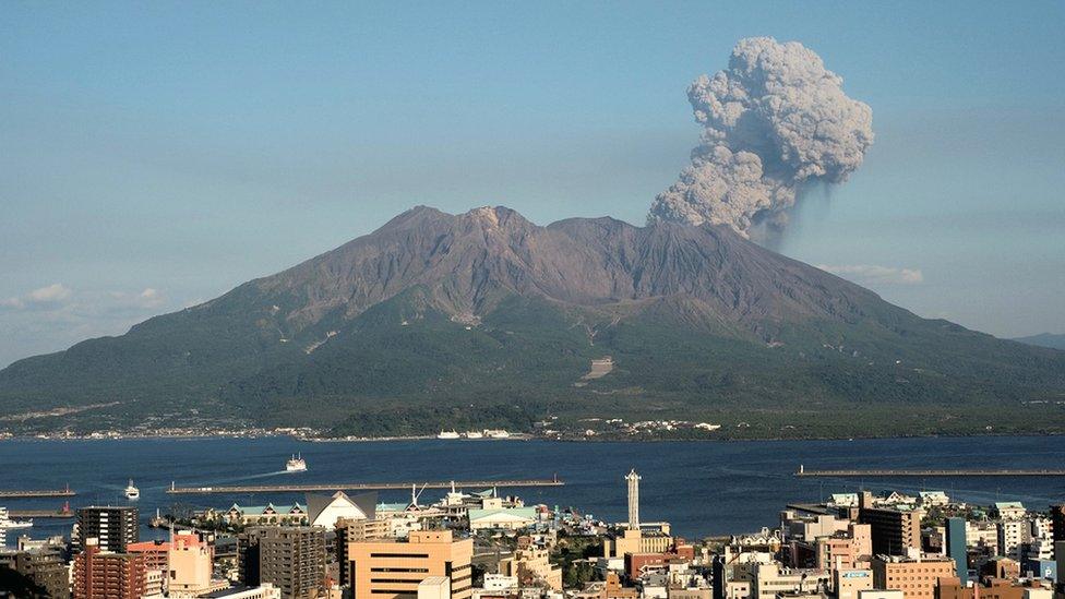 Undated handout photo issued by the University of Exeter of Sakurajima volcano with downtown Kagoshima in the foreground as one of Japan"s most active volcanoes could be close to a major eruption