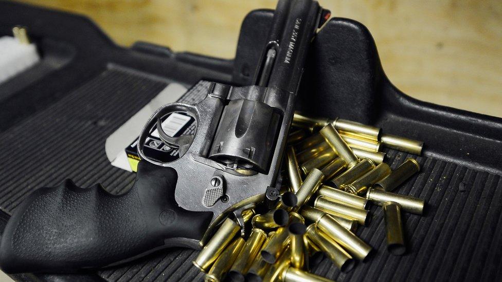 A Smith & Wesson .357 magnum revolver cools down at a target range at the Los Angeles Gun Club on December 7, 2012 in Los Angeles, California