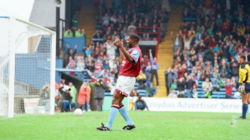 Wimbledon 2-3 Aston Villa, league match at Plough Lane, Saturday 3rd October 1992. Dalian Atkinson celebrates goal