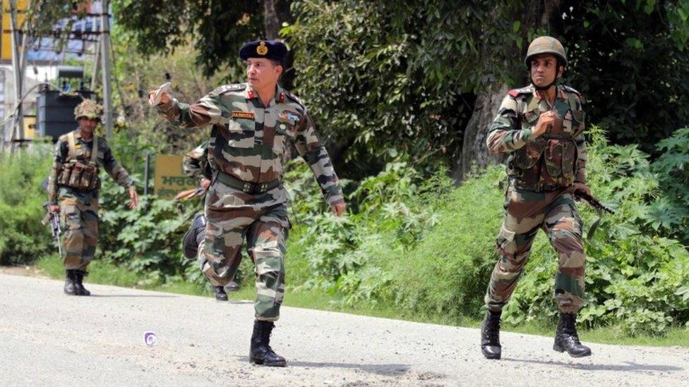 Indian Army soldiers run to take position as an exchange of fire continued with militants holed up in the police station at Dinanagar in Gurdaspur, India, 27 July 2015.