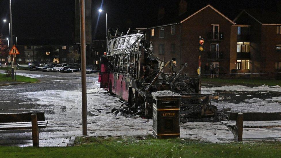 Burnt wreckage of a Metro bus in Rathcoole