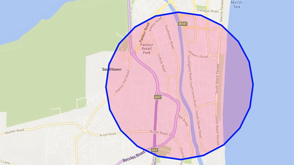 Map showing temporary no-fly zone in Great Yarmouth