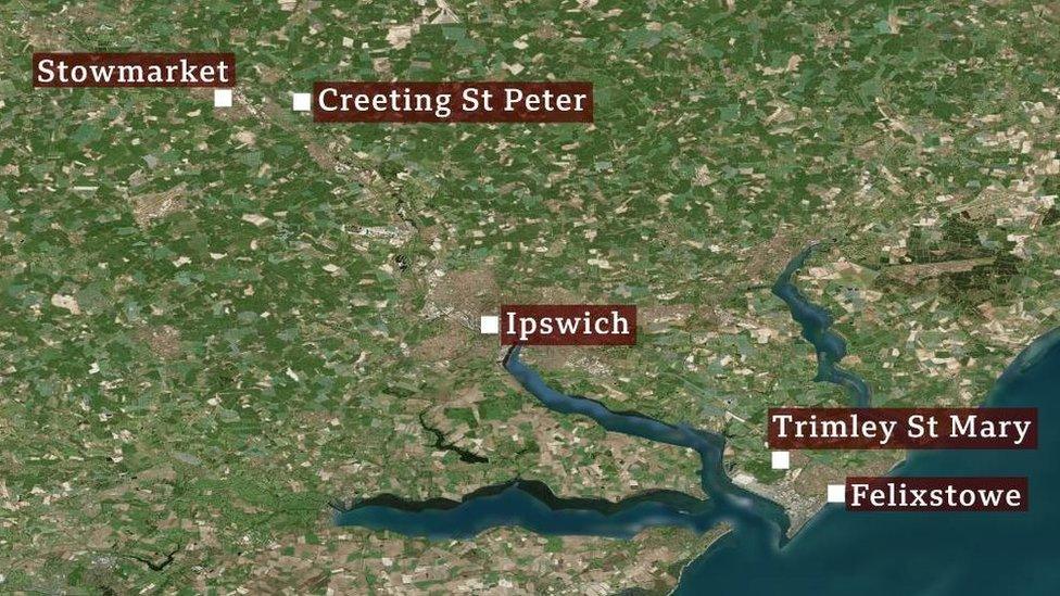 A map showing Ipswich, Felixstowe, Stowmarket, Creeting St Peter and Trimley St Mary