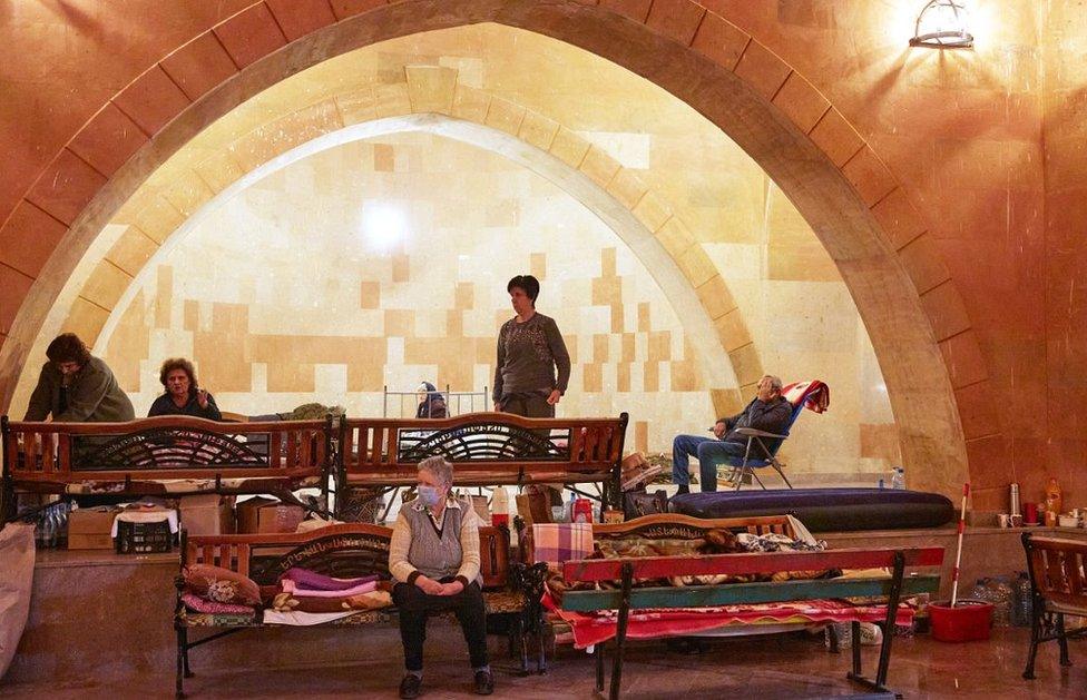 Stepanakert civilians sheltering in church, 12 Oct 20