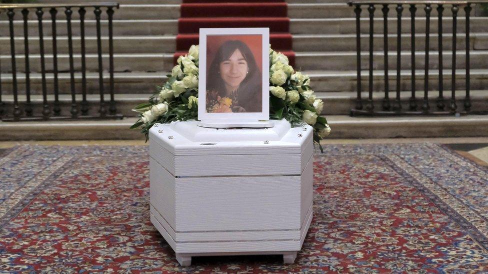 The coffin of Giulia Cecchettin inside the Santa Giustina Basilica during her funeral in Padua, northern Italy, 05 December 2023.