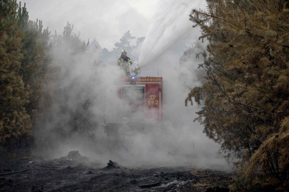 Firefighters on a truck blast water at a smoke-clouded forest, surrounded by blackened earth