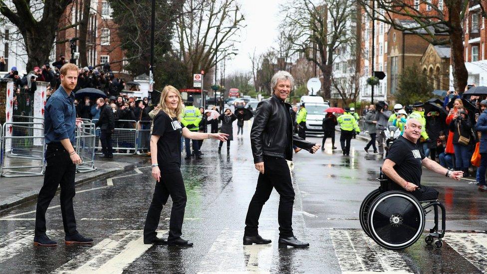 Prince Harry, Bon Jovi and two members of the Invictus Games Choir recreated the famous Beatles album cover