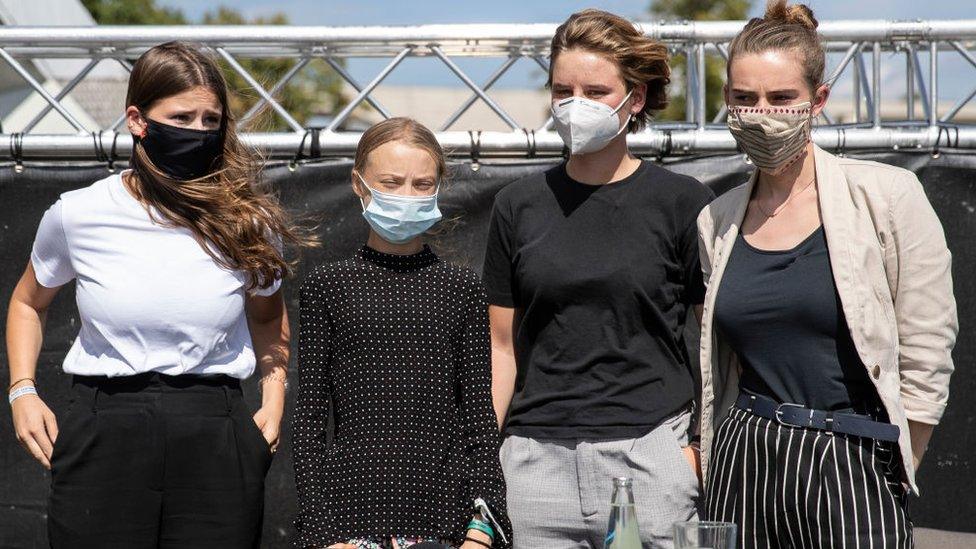 German climate activist Luisa Neubauer (L-R), Swedish climate activist Greta Thunberg, Belgian climate activist Anuna De Wever and Belgian climate activist Adelaide Charlier