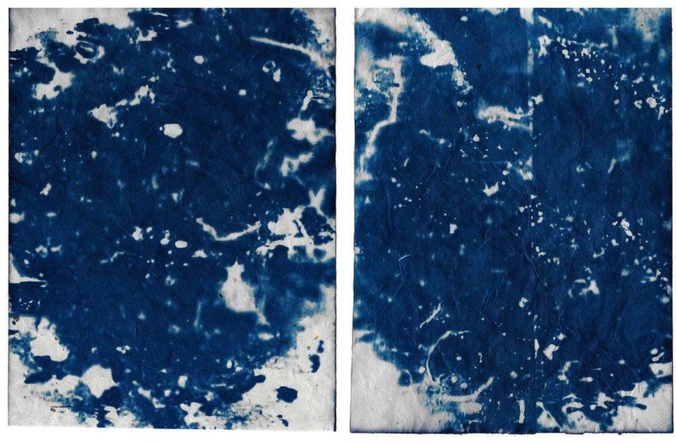 A cyanotype image by Marina Vitaglione showing an air pollution sample from a rooftop at King's College in London