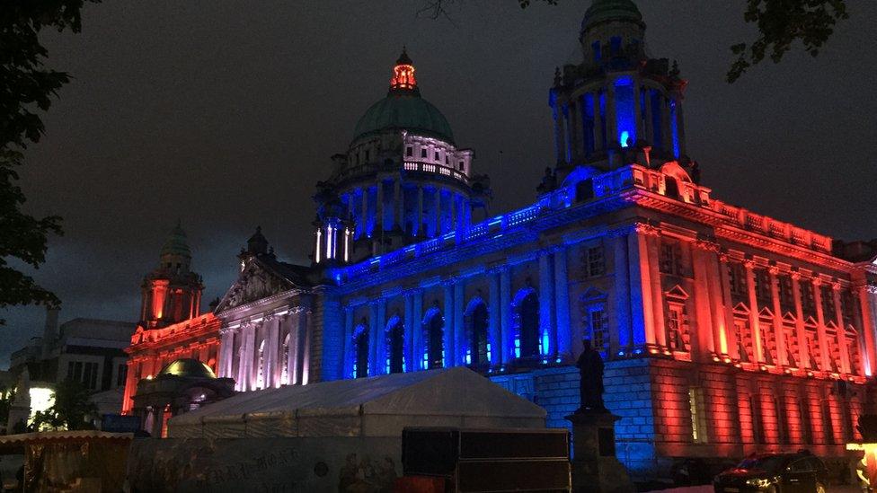 Belfast City Hall illuminated in the colours of Union flag after the Manchester concert bomb attack