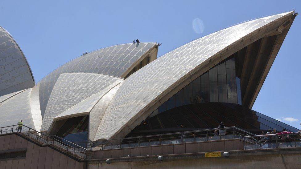 Activists on top of the Sydney Opera House sails