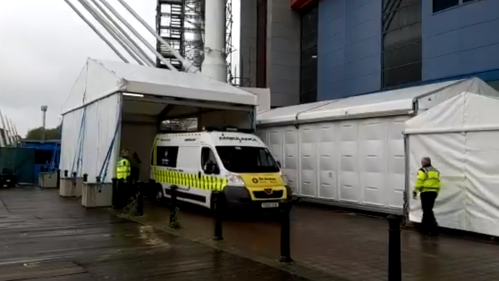 An ambulance arriving at the Dragon's Heart field hospital at the Principality Stadium