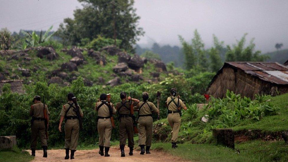 Police patrol on the look-out for anti-mining activists in Meghalaya.