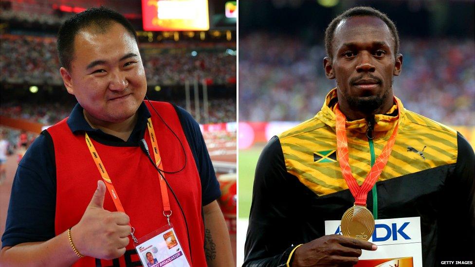 Tao Song of CCTV (left) and Usain Bolt - 28 August 2015