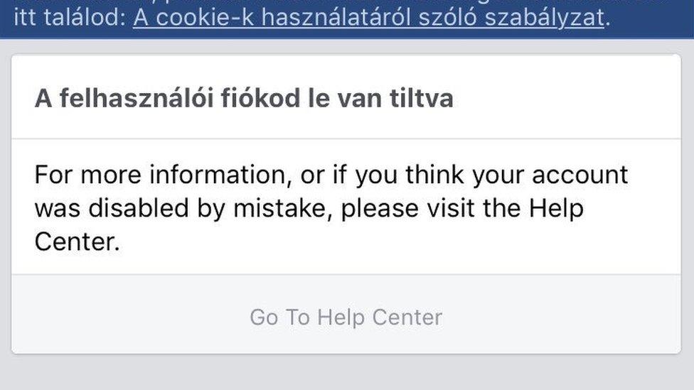 A message to a Hungarian Facebook user who has had their account disabled