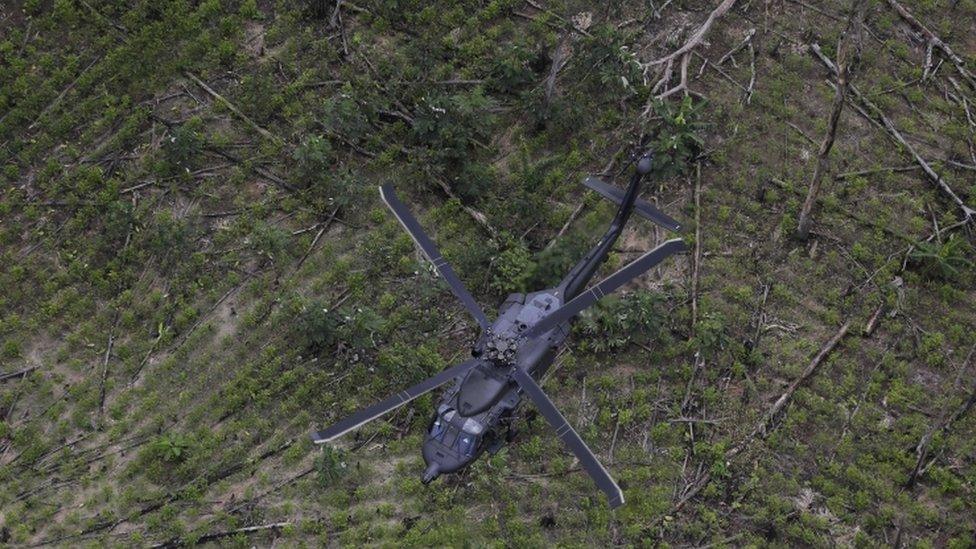 An anti-narcotics helicopter flies over a coca field in Calamar, Guaviare state, Colombia, Tuesday, Aug. 2, 2016.
