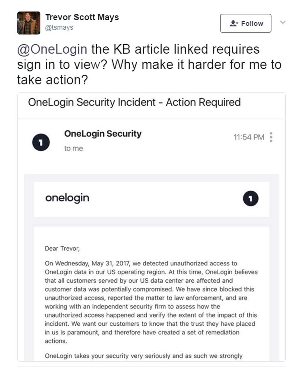 Screen shot of email sent to a Onelogin user