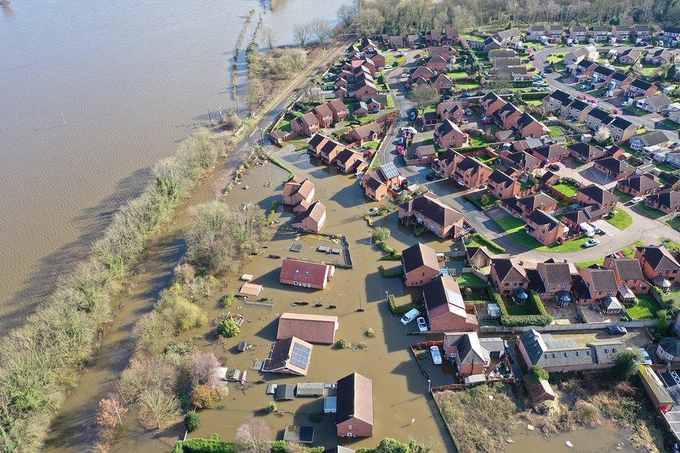 Aerial view of flooded homes in Snaith