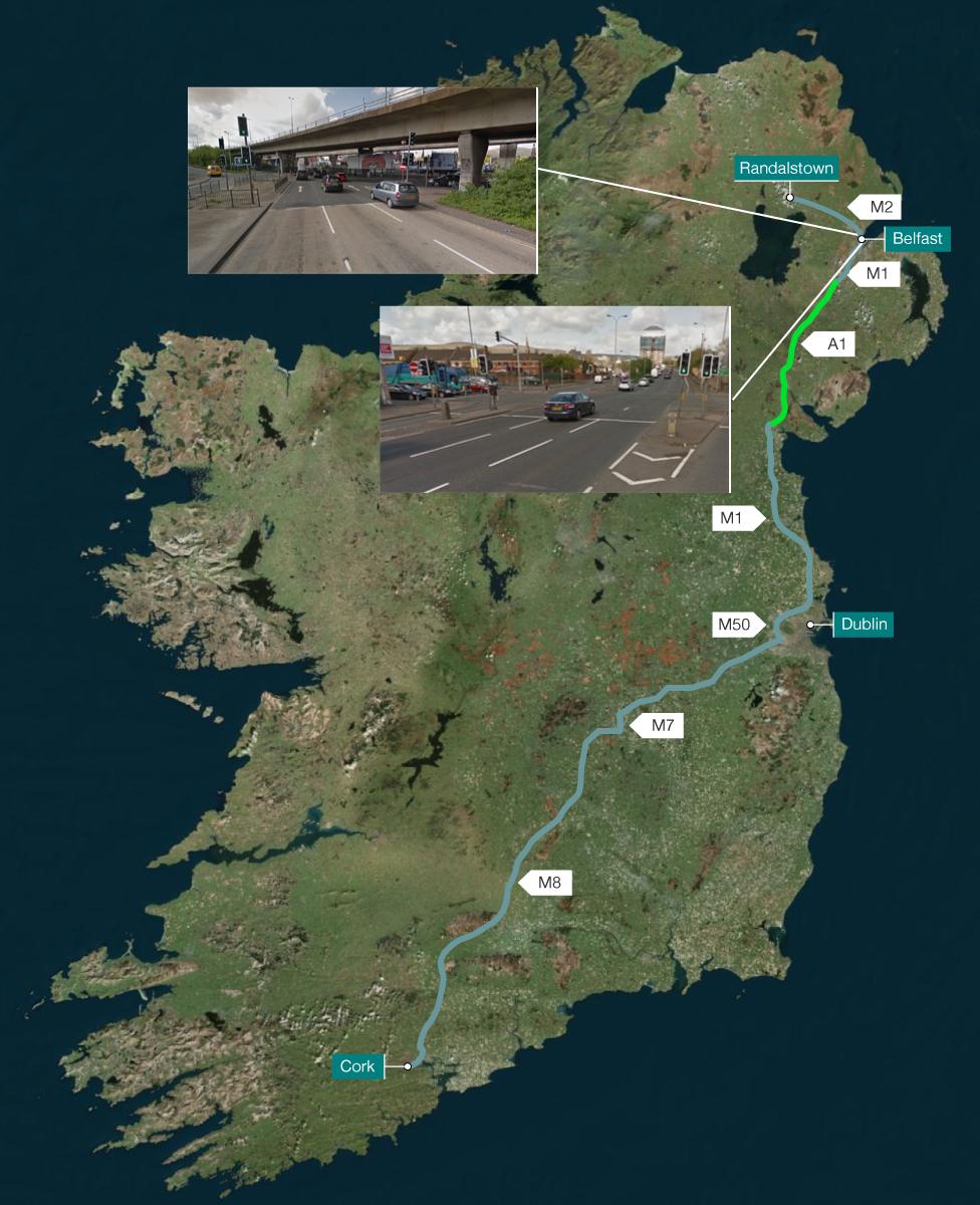 Road map from Randalstown to Cork