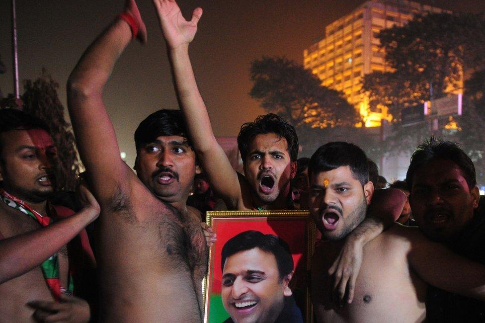 Indian supporters of the Chief Minister of the state of Uttar Pradesh Akhilesh Yadav take part in a protest after Yadav was expelled from his ruling regional Samajwadi Party in Allahabad on December 30, 2016.