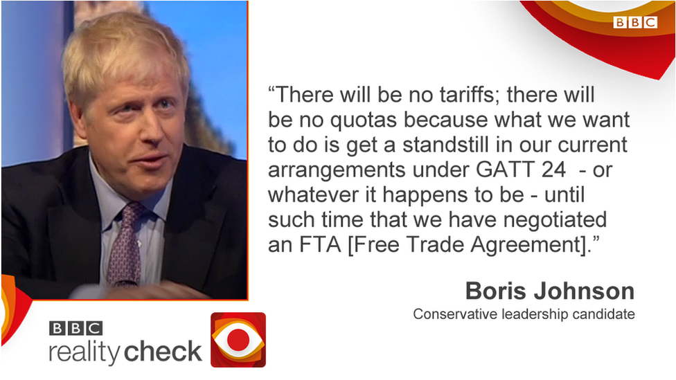 Boris Johnson saying: There will be no tariffs; there will be no quotas because what we want to do is get a standstill in our current arrangements under GATT 24 - or whatever it happens to be - until such time that we have negotiated an FTA [Free Trade Agreement].