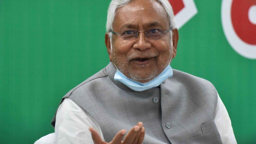 Bihar Chief Minister Nitish Kumar addresses a press conference at JDU office, on November 12, 2020 in Patna, India.