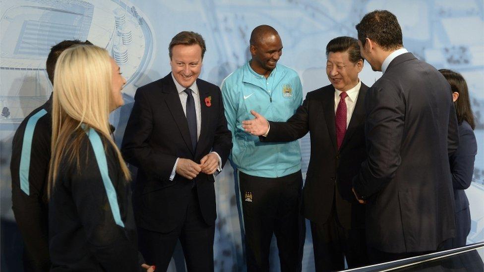 Prime Minister David Cameron and Chinese President Xi Jinping meet Manchester City"s Sergio Kun Aguero Manchester City Women's Toni Duggan head of the Elite Development Patrick Vieira (3rd right) and chairman Khaldoon Al Mubarak during a visit to the City Football Academy in Manchester