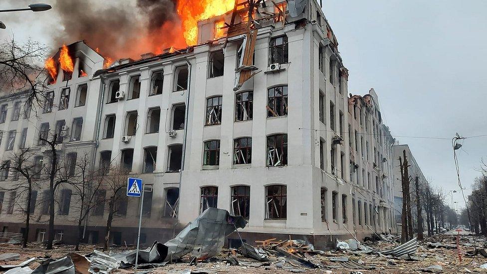 A blaze at a Kharkiv University faculty building caused by a Russian missile strike