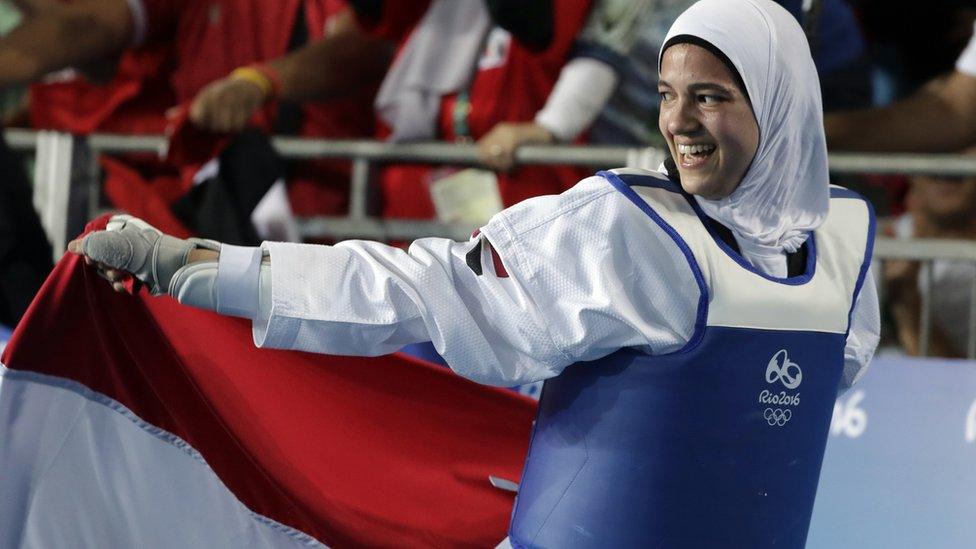 Egypt's Hedaya Wahba celebrating after winning a taekwondo medal in Rio, Brazil - Thursday 18 August 2016